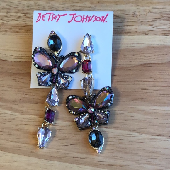 Betsey Johnson Hematite & Gold Tone Mismatch Crystal Butterfly Drop Earrings NWT - Picture 9 of 16